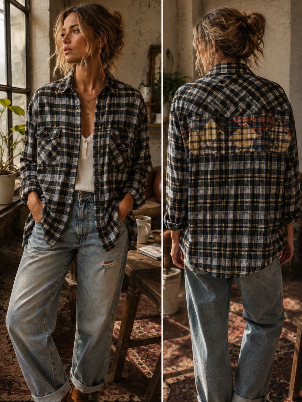 BDG Urban Outfitters Black Gray Yellow S Plaid Patchwork Flannel Shirt Jacket